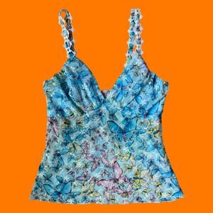 00's vintage butterfly print floral y2k babydoll tank top MEDIUM lipstick